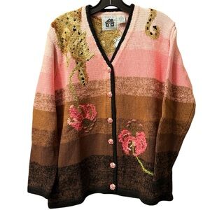 NWT Vintage Storybrook Knits Cardigan Sz Med Cougar Jaguar Pink/Brown